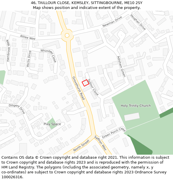 46, TAILLOUR CLOSE, KEMSLEY, SITTINGBOURNE, ME10 2SY: Location map and indicative extent of plot