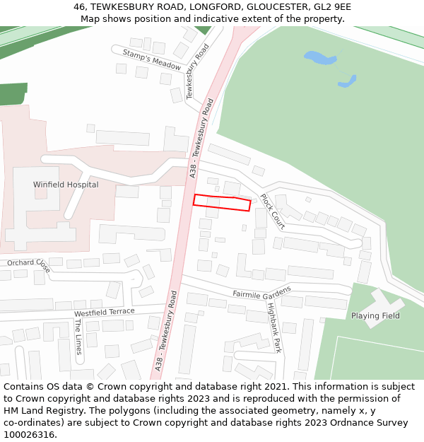 46, TEWKESBURY ROAD, LONGFORD, GLOUCESTER, GL2 9EE: Location map and indicative extent of plot