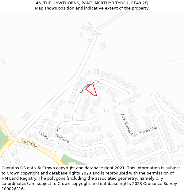 46, THE HAWTHORNS, PANT, MERTHYR TYDFIL, CF48 2EJ: Location map and indicative extent of plot