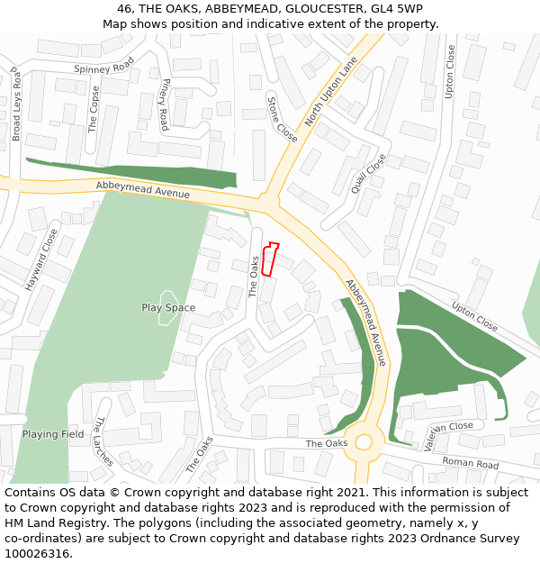 46, THE OAKS, ABBEYMEAD, GLOUCESTER, GL4 5WP: Location map and indicative extent of plot
