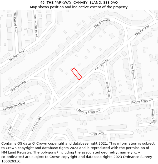 46, THE PARKWAY, CANVEY ISLAND, SS8 0AQ: Location map and indicative extent of plot