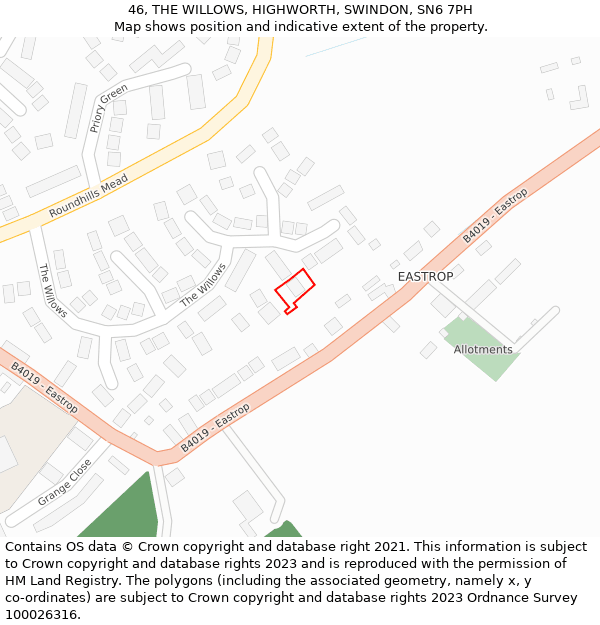 46, THE WILLOWS, HIGHWORTH, SWINDON, SN6 7PH: Location map and indicative extent of plot