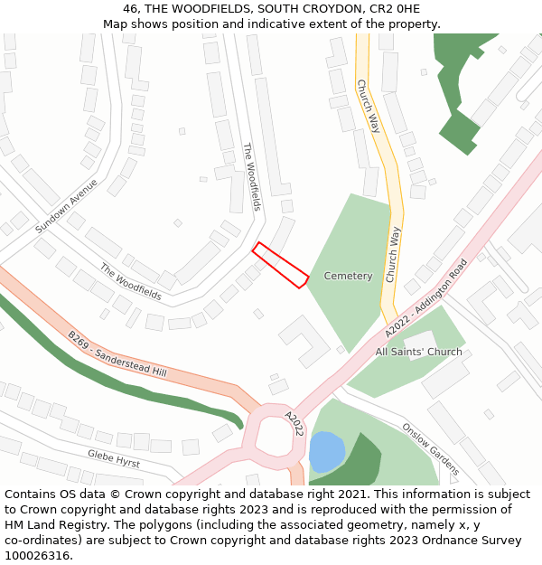 46, THE WOODFIELDS, SOUTH CROYDON, CR2 0HE: Location map and indicative extent of plot