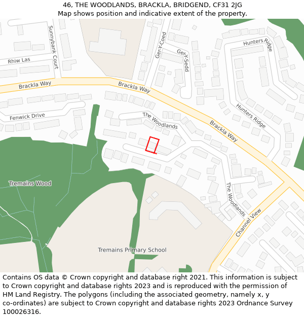 46, THE WOODLANDS, BRACKLA, BRIDGEND, CF31 2JG: Location map and indicative extent of plot