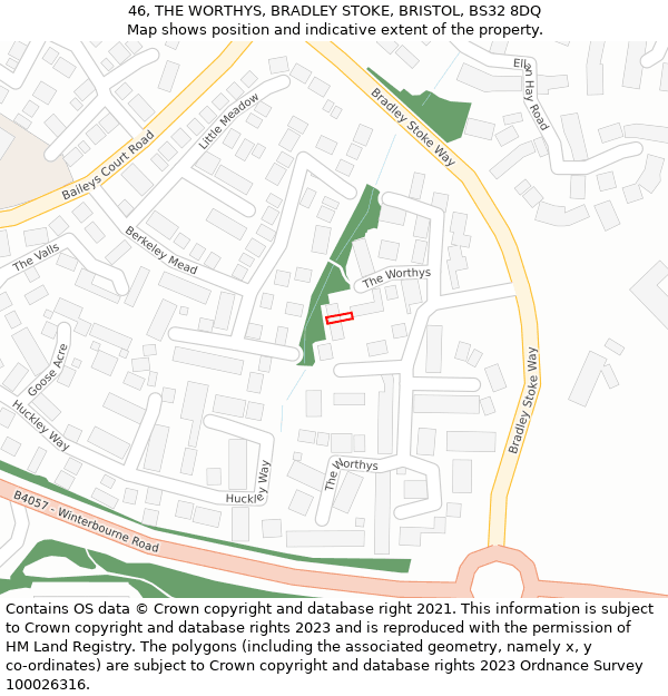 46, THE WORTHYS, BRADLEY STOKE, BRISTOL, BS32 8DQ: Location map and indicative extent of plot