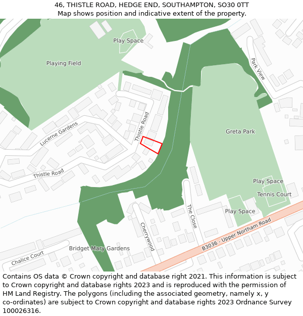46, THISTLE ROAD, HEDGE END, SOUTHAMPTON, SO30 0TT: Location map and indicative extent of plot