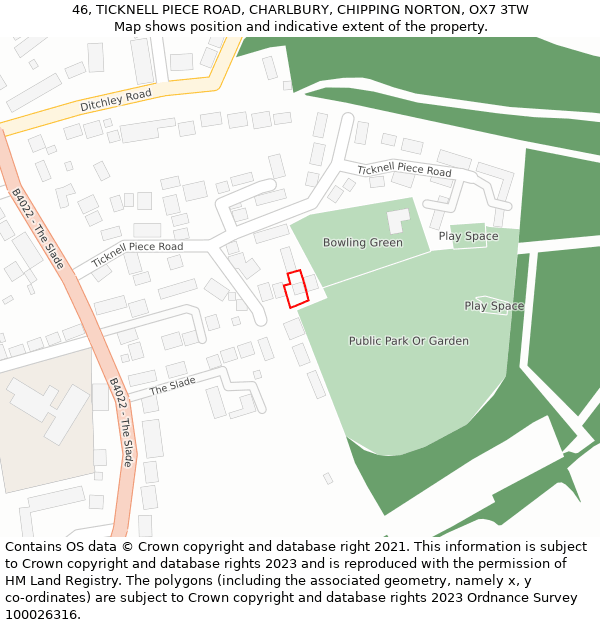 46, TICKNELL PIECE ROAD, CHARLBURY, CHIPPING NORTON, OX7 3TW: Location map and indicative extent of plot