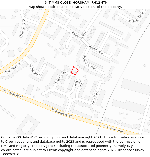 46, TIMMS CLOSE, HORSHAM, RH12 4TN: Location map and indicative extent of plot