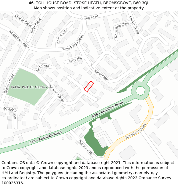 46, TOLLHOUSE ROAD, STOKE HEATH, BROMSGROVE, B60 3QL: Location map and indicative extent of plot