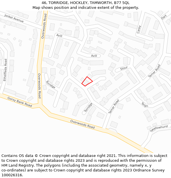 46, TORRIDGE, HOCKLEY, TAMWORTH, B77 5QL: Location map and indicative extent of plot