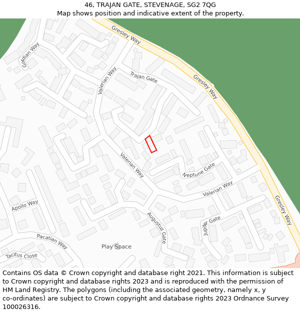 46, TRAJAN GATE, STEVENAGE, SG2 7QG: Location map and indicative extent of plot