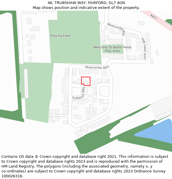 46, TRUBSHAW WAY, FAIRFORD, GL7 4GN: Location map and indicative extent of plot