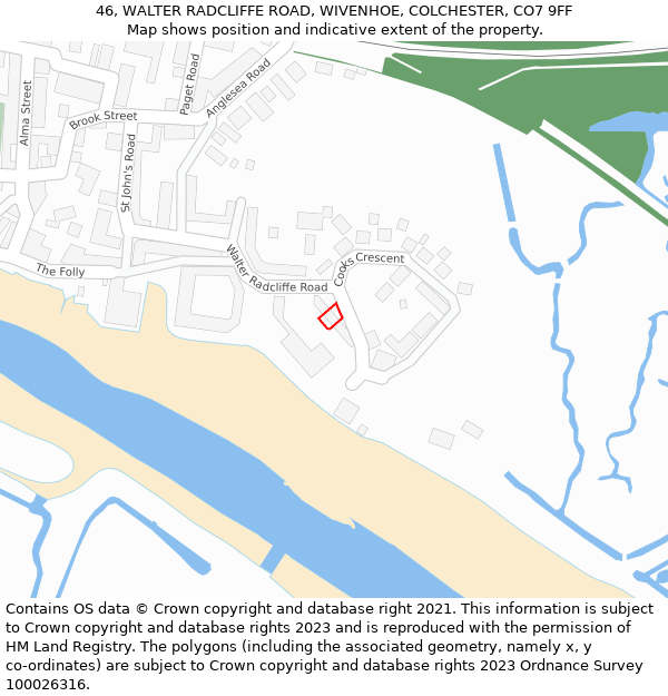 46, WALTER RADCLIFFE ROAD, WIVENHOE, COLCHESTER, CO7 9FF: Location map and indicative extent of plot