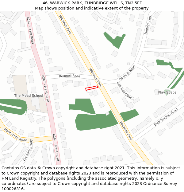 46, WARWICK PARK, TUNBRIDGE WELLS, TN2 5EF: Location map and indicative extent of plot