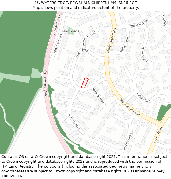 46, WATERS EDGE, PEWSHAM, CHIPPENHAM, SN15 3GE: Location map and indicative extent of plot