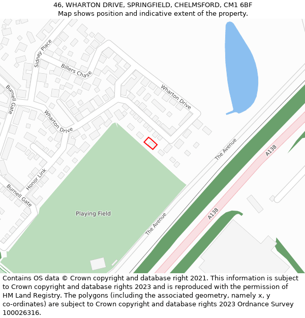 46, WHARTON DRIVE, SPRINGFIELD, CHELMSFORD, CM1 6BF: Location map and indicative extent of plot