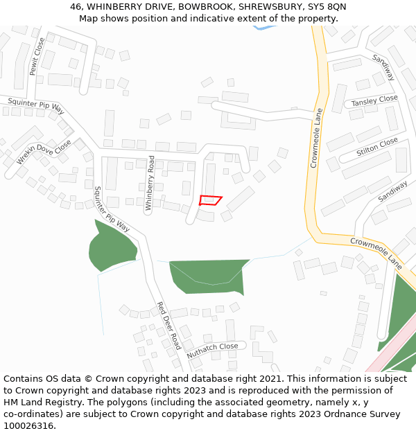 46, WHINBERRY DRIVE, BOWBROOK, SHREWSBURY, SY5 8QN: Location map and indicative extent of plot