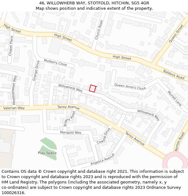 46, WILLOWHERB WAY, STOTFOLD, HITCHIN, SG5 4GR: Location map and indicative extent of plot