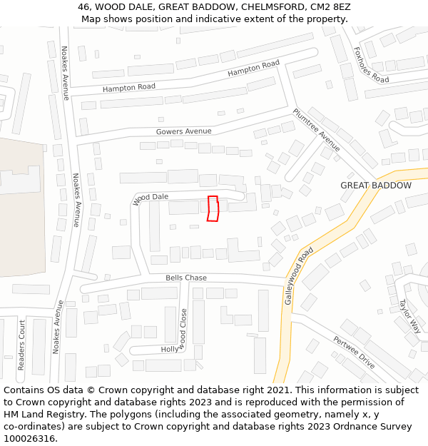 46, WOOD DALE, GREAT BADDOW, CHELMSFORD, CM2 8EZ: Location map and indicative extent of plot