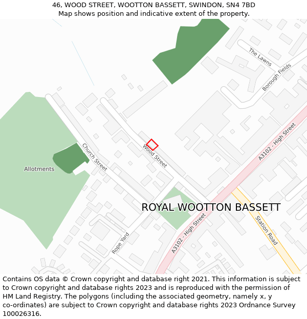 46, WOOD STREET, WOOTTON BASSETT, SWINDON, SN4 7BD: Location map and indicative extent of plot