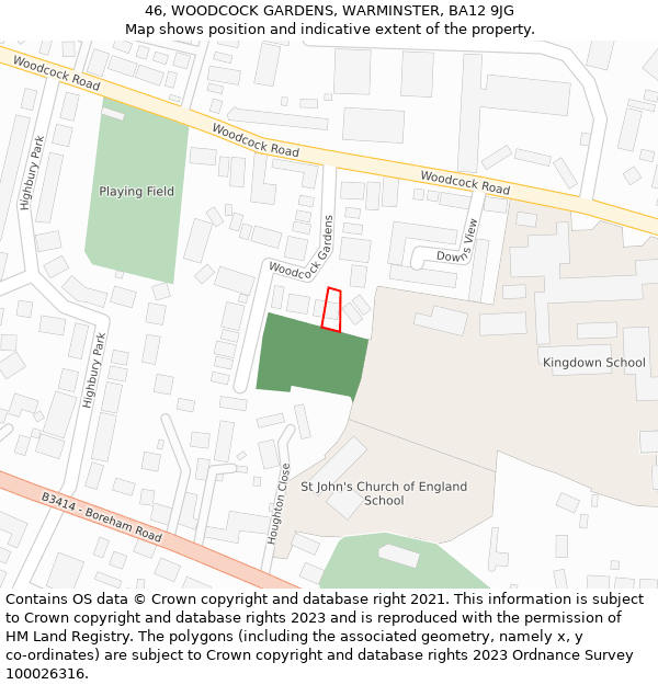 46, WOODCOCK GARDENS, WARMINSTER, BA12 9JG: Location map and indicative extent of plot