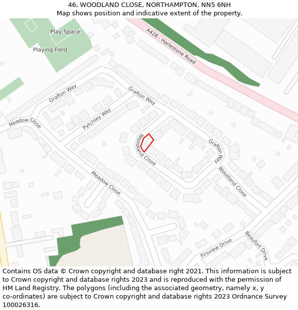 46, WOODLAND CLOSE, NORTHAMPTON, NN5 6NH: Location map and indicative extent of plot