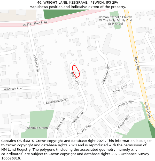 46, WRIGHT LANE, KESGRAVE, IPSWICH, IP5 2FA: Location map and indicative extent of plot