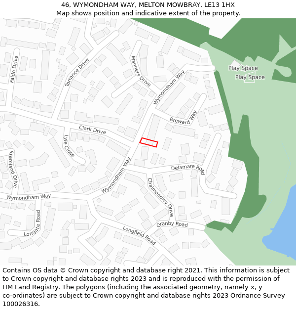 46, WYMONDHAM WAY, MELTON MOWBRAY, LE13 1HX: Location map and indicative extent of plot