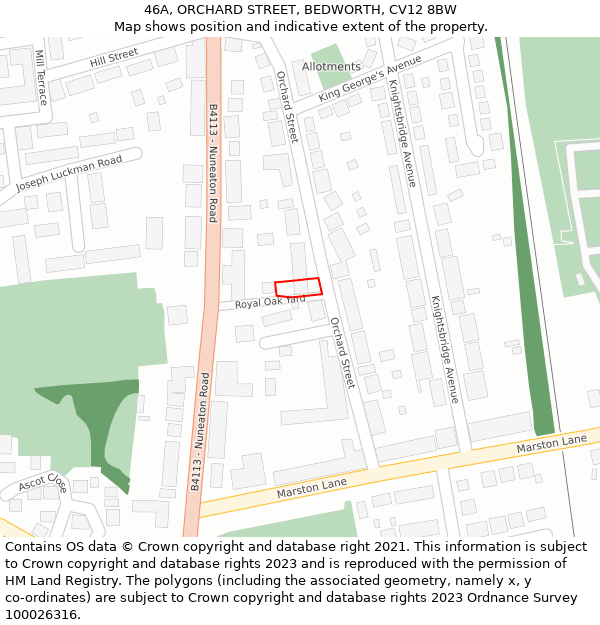 46A, ORCHARD STREET, BEDWORTH, CV12 8BW: Location map and indicative extent of plot