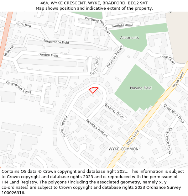 46A, WYKE CRESCENT, WYKE, BRADFORD, BD12 9AT: Location map and indicative extent of plot