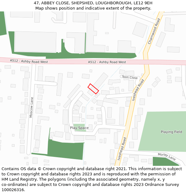 47, ABBEY CLOSE, SHEPSHED, LOUGHBOROUGH, LE12 9EH: Location map and indicative extent of plot