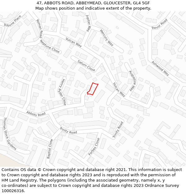 47, ABBOTS ROAD, ABBEYMEAD, GLOUCESTER, GL4 5GF: Location map and indicative extent of plot