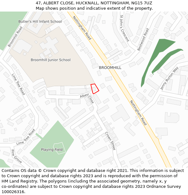 47, ALBERT CLOSE, HUCKNALL, NOTTINGHAM, NG15 7UZ: Location map and indicative extent of plot