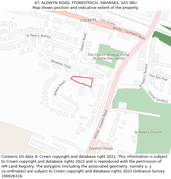 47, ALDWYN ROAD, FFORESTFACH, SWANSEA, SA5 5BU: Location map and indicative extent of plot