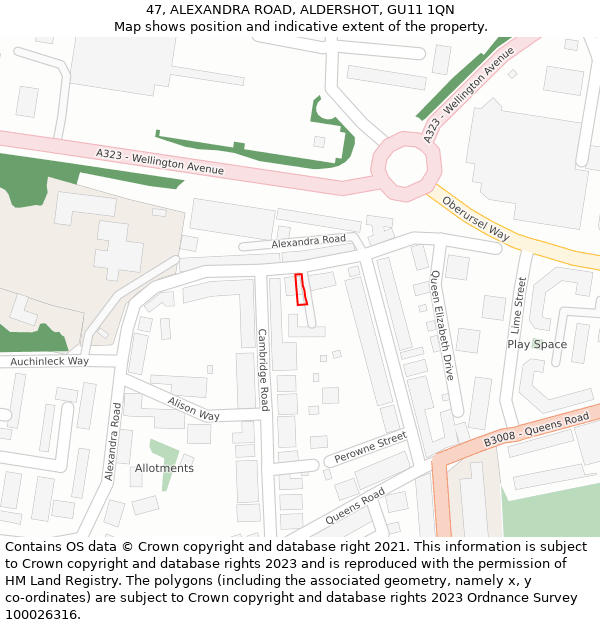 47, ALEXANDRA ROAD, ALDERSHOT, GU11 1QN: Location map and indicative extent of plot