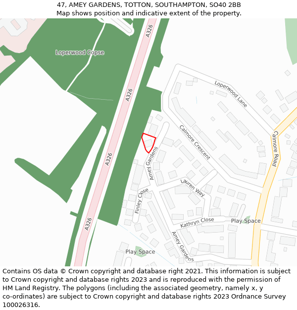 47, AMEY GARDENS, TOTTON, SOUTHAMPTON, SO40 2BB: Location map and indicative extent of plot