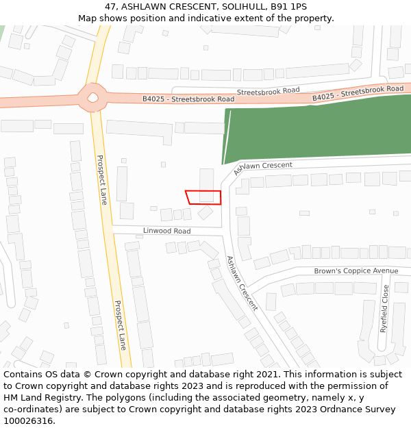 47, ASHLAWN CRESCENT, SOLIHULL, B91 1PS: Location map and indicative extent of plot