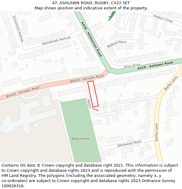 47, ASHLAWN ROAD, RUGBY, CV22 5ET: Location map and indicative extent of plot