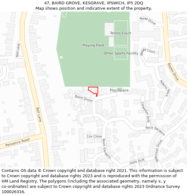 47, BAIRD GROVE, KESGRAVE, IPSWICH, IP5 2DQ: Location map and indicative extent of plot