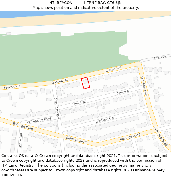 47, BEACON HILL, HERNE BAY, CT6 6JN: Location map and indicative extent of plot