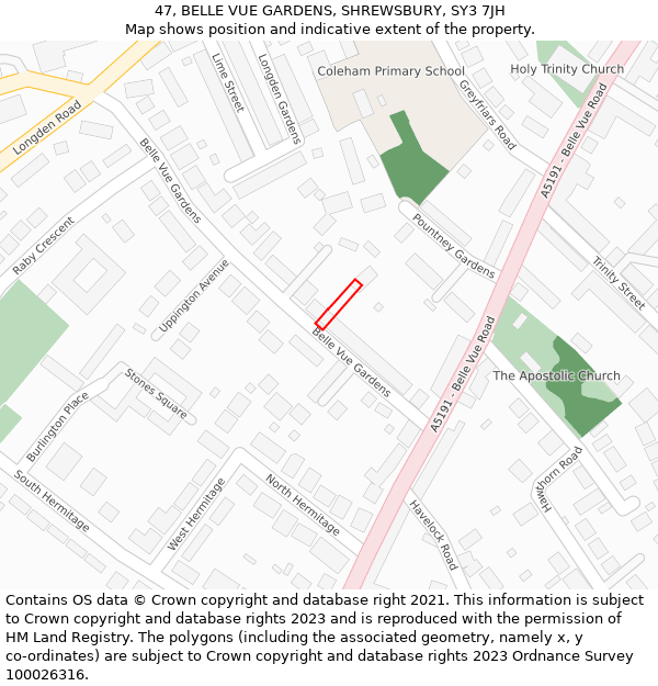 47, BELLE VUE GARDENS, SHREWSBURY, SY3 7JH: Location map and indicative extent of plot