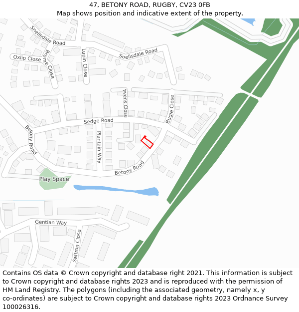 47, BETONY ROAD, RUGBY, CV23 0FB: Location map and indicative extent of plot