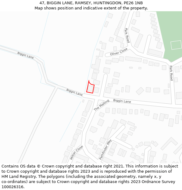47, BIGGIN LANE, RAMSEY, HUNTINGDON, PE26 1NB: Location map and indicative extent of plot