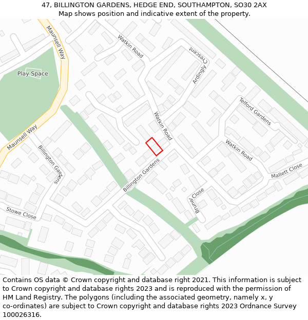 47, BILLINGTON GARDENS, HEDGE END, SOUTHAMPTON, SO30 2AX: Location map and indicative extent of plot