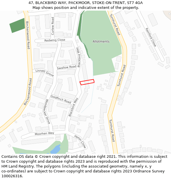 47, BLACKBIRD WAY, PACKMOOR, STOKE-ON-TRENT, ST7 4GA: Location map and indicative extent of plot