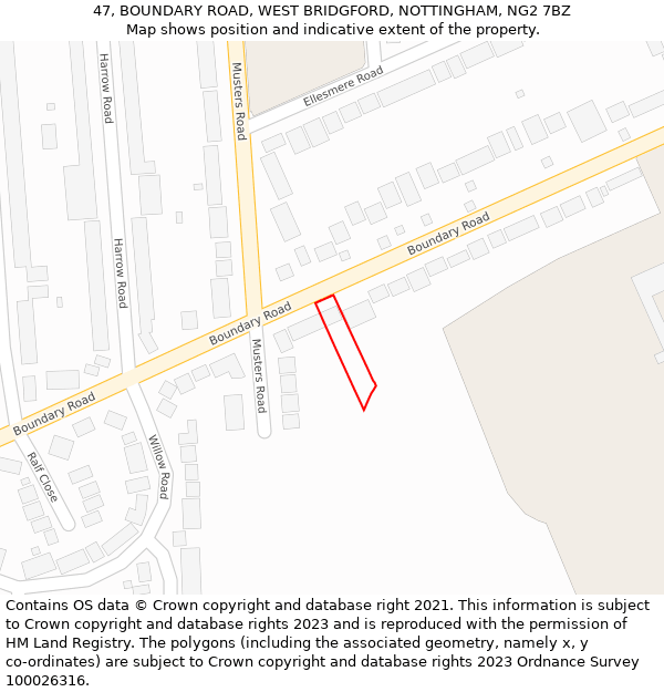 47, BOUNDARY ROAD, WEST BRIDGFORD, NOTTINGHAM, NG2 7BZ: Location map and indicative extent of plot