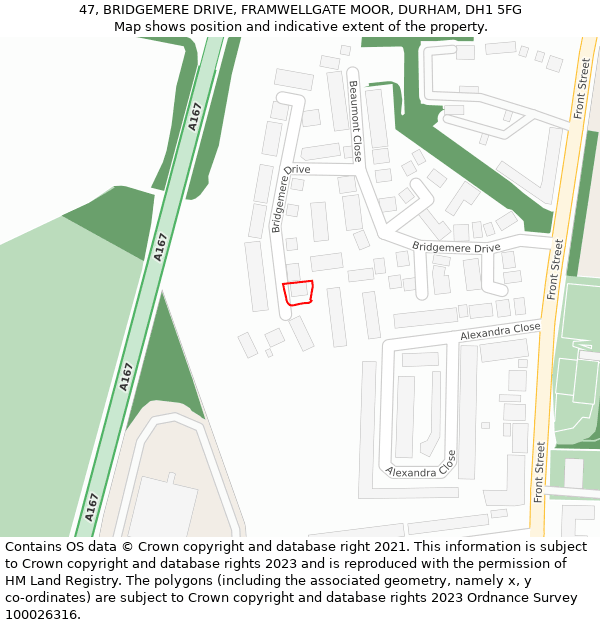 47, BRIDGEMERE DRIVE, FRAMWELLGATE MOOR, DURHAM, DH1 5FG: Location map and indicative extent of plot