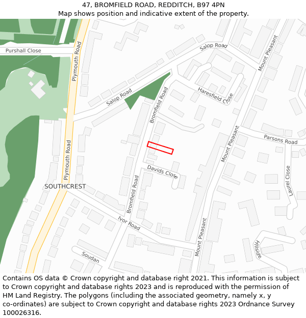 47, BROMFIELD ROAD, REDDITCH, B97 4PN: Location map and indicative extent of plot