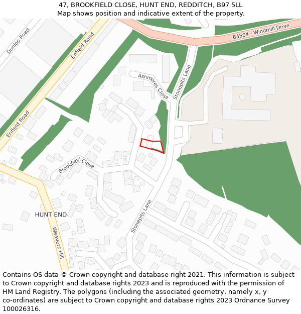 47, BROOKFIELD CLOSE, HUNT END, REDDITCH, B97 5LL: Location map and indicative extent of plot