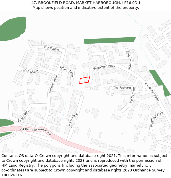 47, BROOKFIELD ROAD, MARKET HARBOROUGH, LE16 9DU: Location map and indicative extent of plot